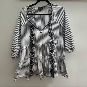 Melissa page 3/4 sleeve tunic white/blue striped embroidered cotton linen large